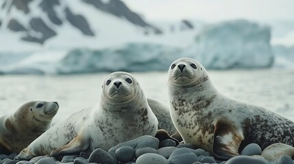 Fototapeta premium Seals resting on rocky beach coastline of Antarctica Polar ocean with icebergs in background Winter arctic wildlife animal behavior Explore South Pole wild nature Antarctic travel and : Generative AI