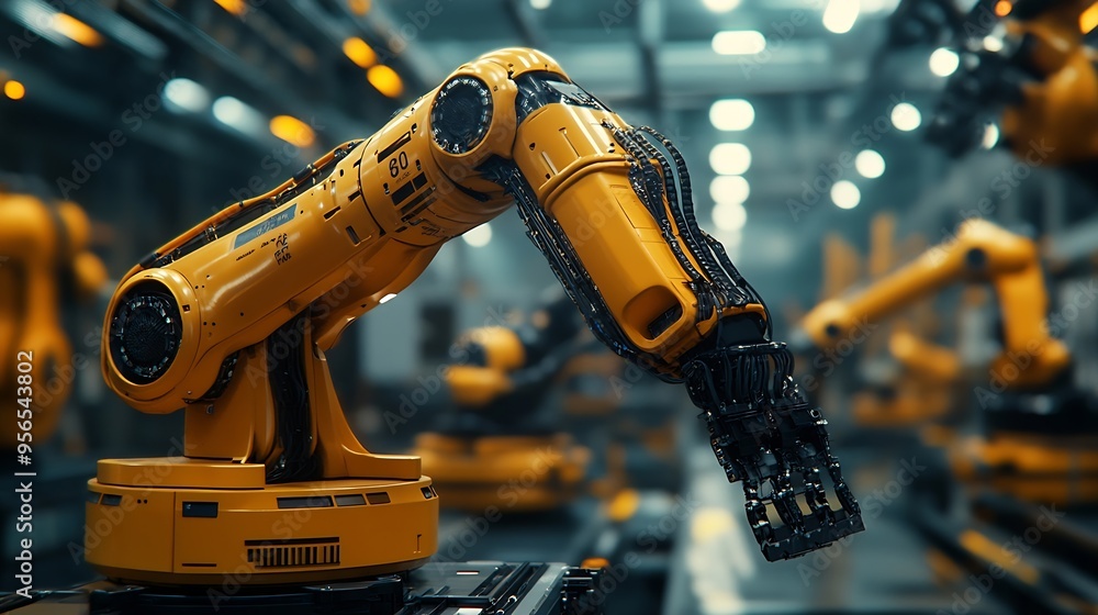 Poster MLP Mechanized industry robot and robotic arms for assembly in factory production Concept of artificial intelligence for industrial revolution and automation manufacturing process : Generative AI