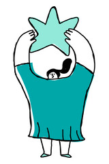 Woman holding green star transparent png cartoon icon