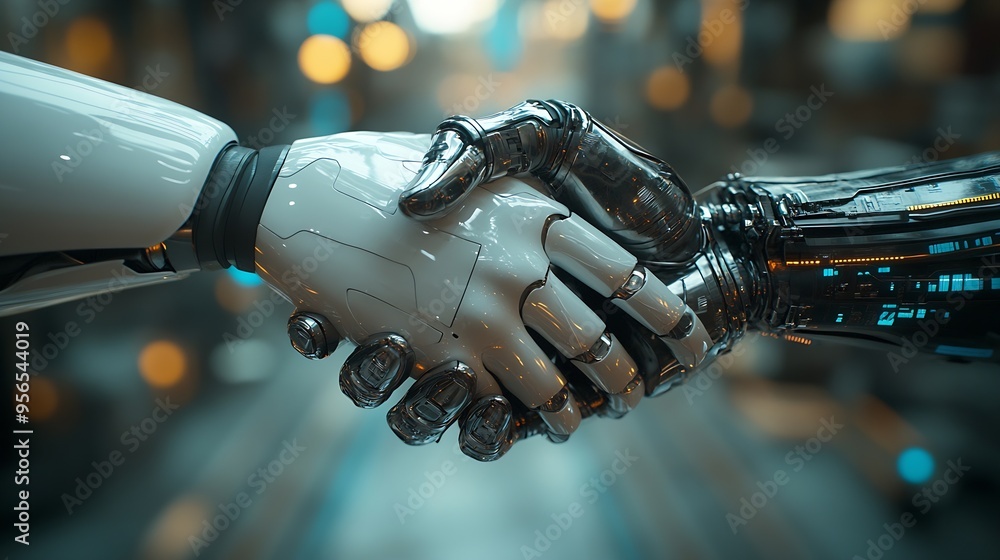 Poster MLB Mechanized industry robot arm and business handshake double exposure Concept of successful agreement of artificial intelligence for industrial revolution and automation process in  : Generative AI