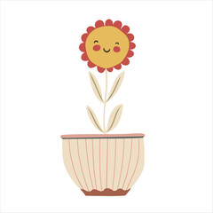 Cute baby flower in plant pot in kawaii cartoon style. Hand drawn vector doodle childish illustration. Isolated simple drawing for kid-friendly graphic and babyish book or card designs.
