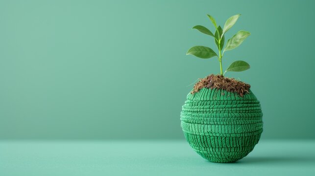 A green plant growing in a unique handmade pot, symbolizing sustainability and eco-friendliness against a soothing background.