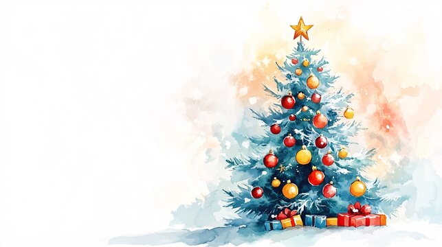 Festive Watercolor Christmas Tree Clipart with Colorful Ornaments and Copy Space