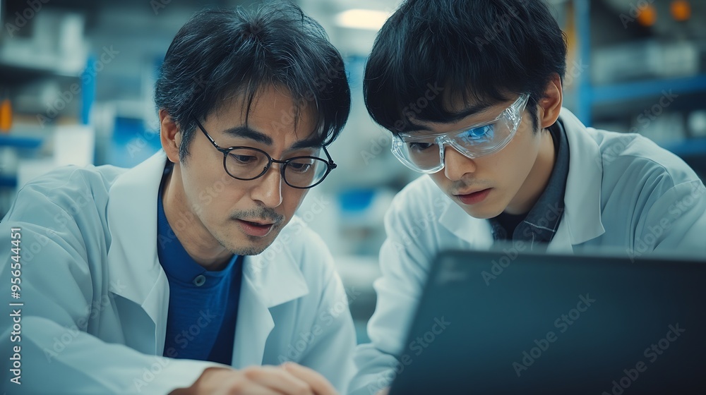 Poster Middle Aged Engineer and Young Japanese Technician Having a Conversation and Using Laptop Computer Specialists Monitoring Analyzing Software Reports at a Modern Electronics Factory : Generative AI