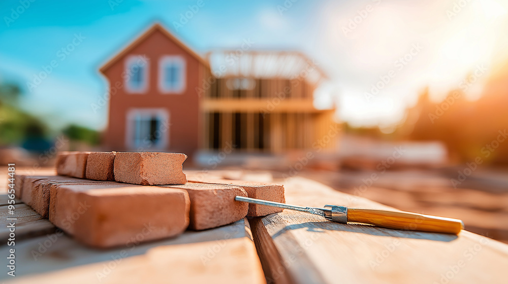 Poster bricks and a trowel placed on an outdoor workbench, the blurred image of a house being built in the 