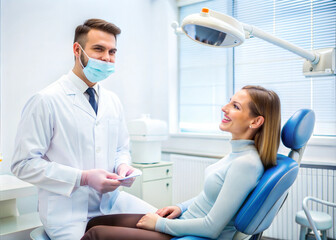 Obraz premium Male dentist with happy female patient in modern dentistry. Dentistry advertisement