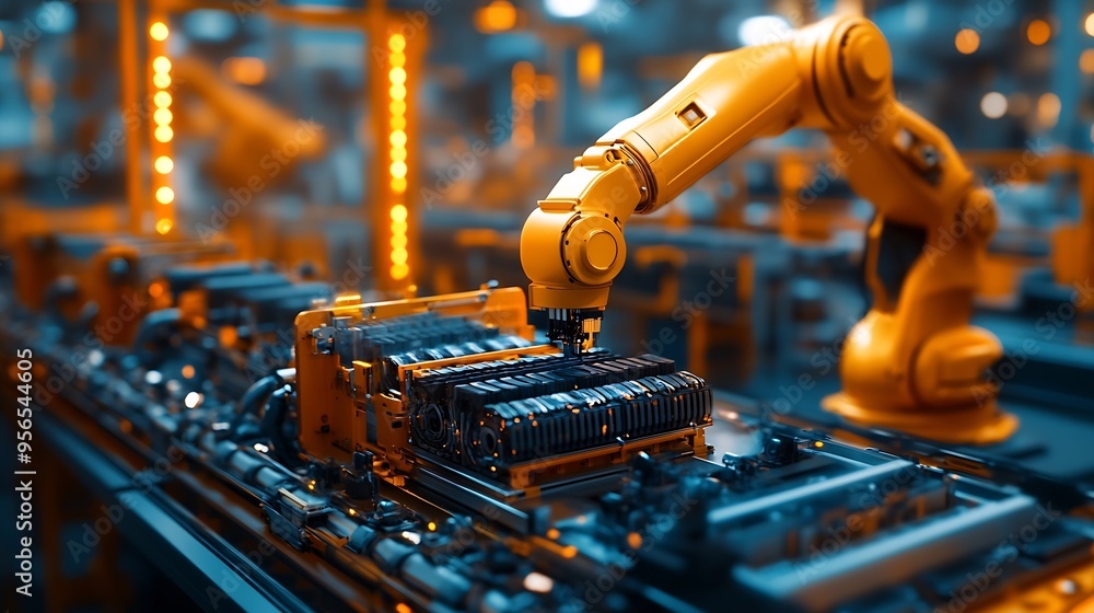 Aufkleber modern electric car automated smart factory ev battery pack production line equipped with orange adv