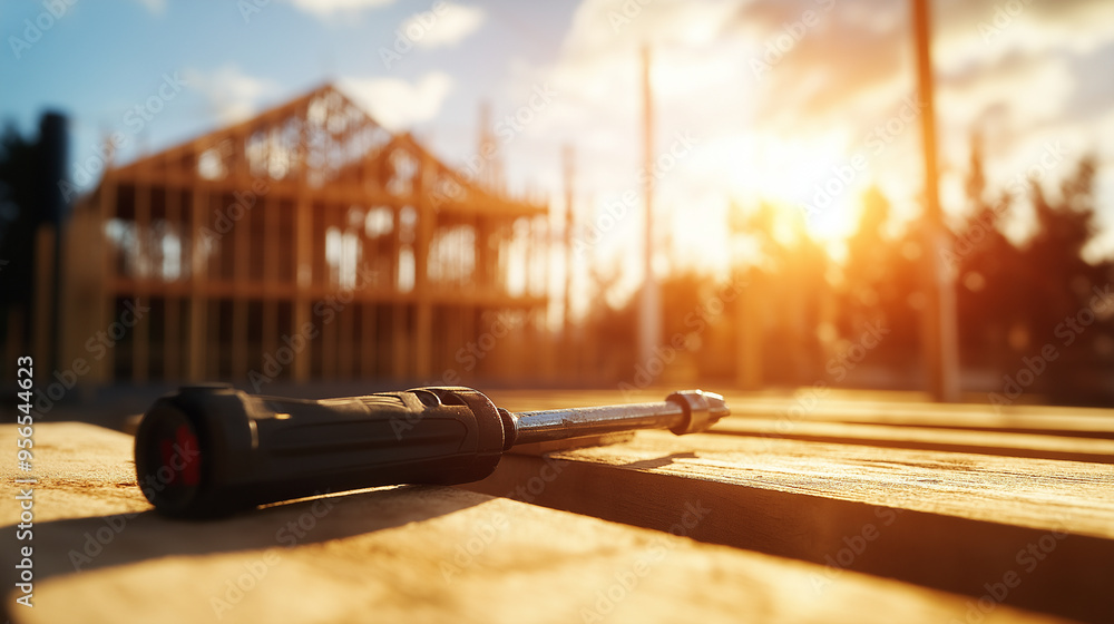 Poster A set of power tools lying on a rough table, with the blurred structure of a house being built in the distance.