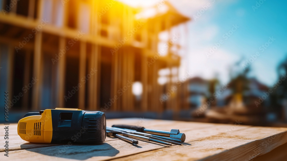 Poster a set of power tools lying on a rough table, with the blurred structure of a house being built in th