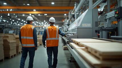 Engineer colleague team working in hardwood furniture factory examining production machine for maintenance Technician worker employee walking in manufacturing facility check machinery  : Generative AI