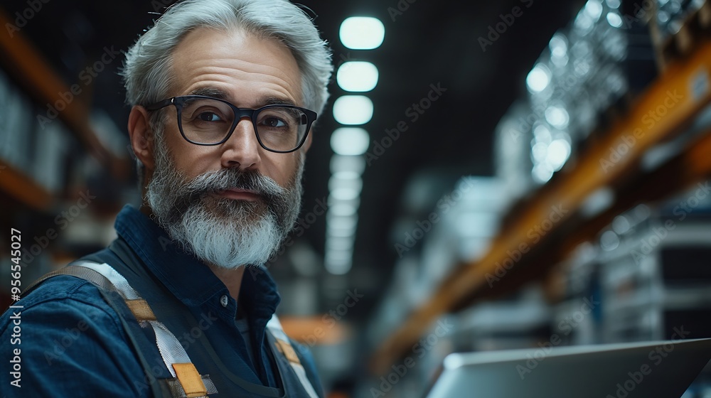 Aufkleber portrait of a senior technician with a beard and glasses using laptop computer and looking at camera