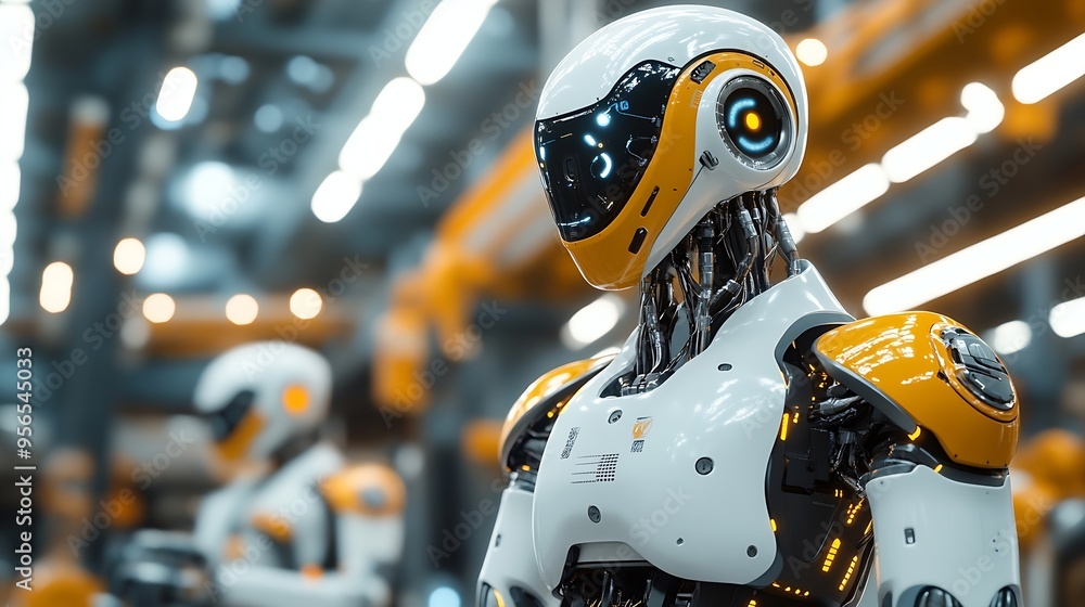 Poster XAI Mechanized industry robot and human worker working together in future factory Concept of artificial intelligence for industrial revolution and automation manufacturing process : Generative AI