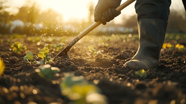 Worker works with rake in field cultivating land for planting vegetables Gardener works soil in home garden with rake prepares soil for transplanting seedlings Concept of agriculture g : Generative AI