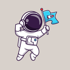 Naklejka premium Cute Astronaut Flying With Rocket Flag Cartoon Vector Icon Illustration Science Technology Icon Concept Isolated Premium Vector. Flat Cartoon Style