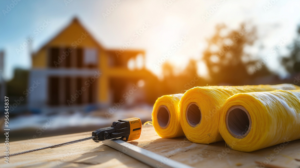 Poster insulation rolls and a staple gun on a workbench outside, with the hazy image of a house being built