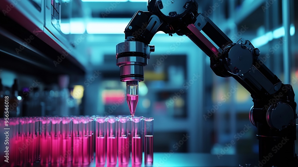 Poster robot arm with disposable test tube virus sampling in laboratory : generative ai