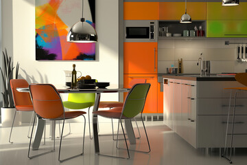 Mutlicolor modern kitchen setting with a table and chairs, highlighted by lighting fixtures and artwork. Generative AI