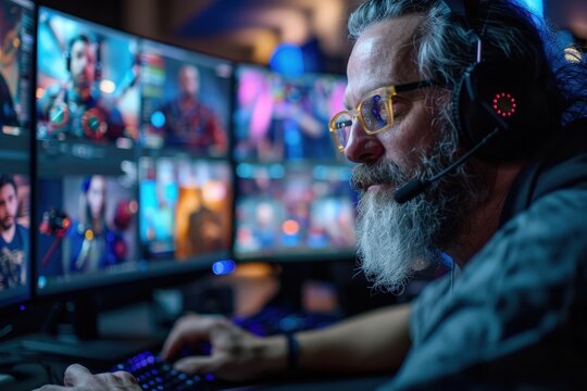 The image captures a person deeply engaged in gaming and streaming on multiple monitors, showcasing an immersive setup that highlights technology and online interaction.