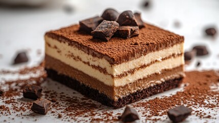 Italian tiramisu dessert with cocoa powder on a white background