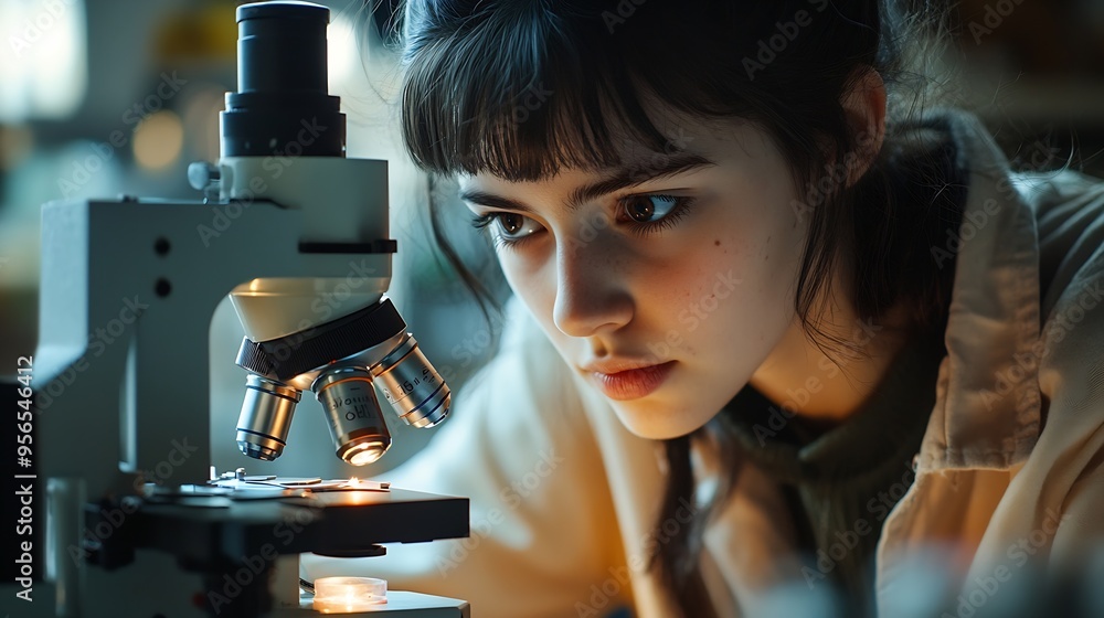 Poster Adolescent student looking at sample under the microscope science and education concept : Generative AI