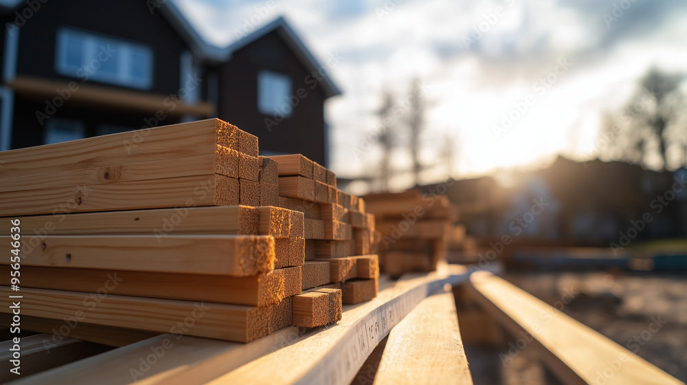 Poster stacks of lumber and a measuring tape on a workbench outside, with the faint image of a house being 