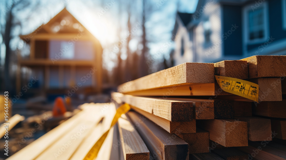 Poster stacks of lumber and a measuring tape on a workbench outside, with the faint image of a house being 