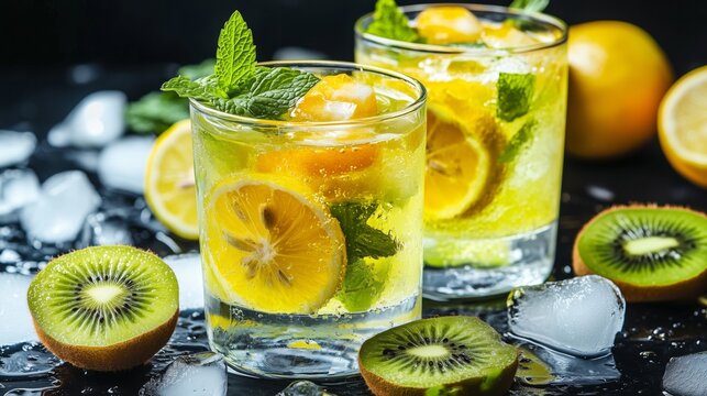 Dos vasos de zumo de lim&oacute;n y frutas tropicales, en un elegante fondo negro, con hielo crujiente.