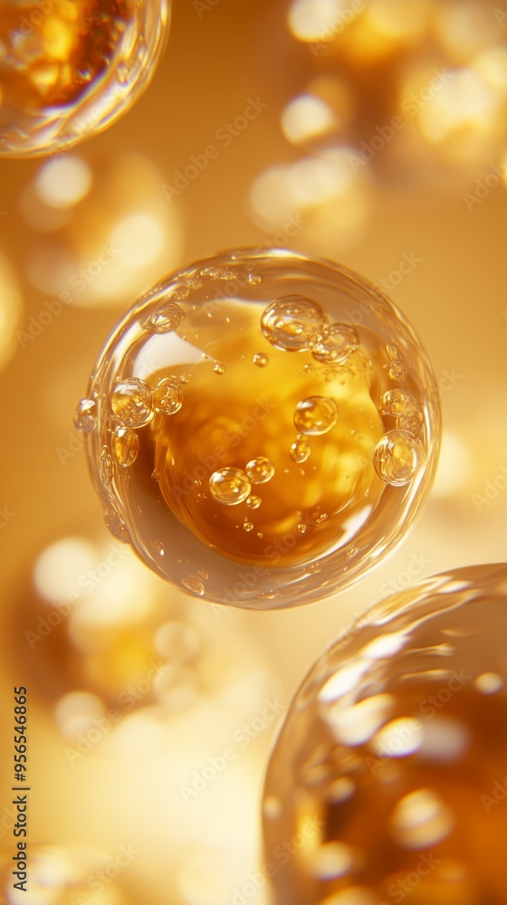 Poster close-up view of translucent bubbles filled with amber liquid floating in warm golden light, creatin