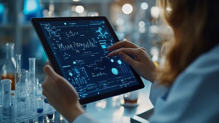 Female chemist tapping on digital tablet displaying scientific experiment data and charts on a virtual screen in lab Biochemical and medical industry research : Generative AI