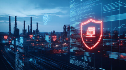 A sprawling factory complex at dusk, illuminated by a glowing digital shield overlay, highlighting the importance of cybersecurity in protecting critical operations.