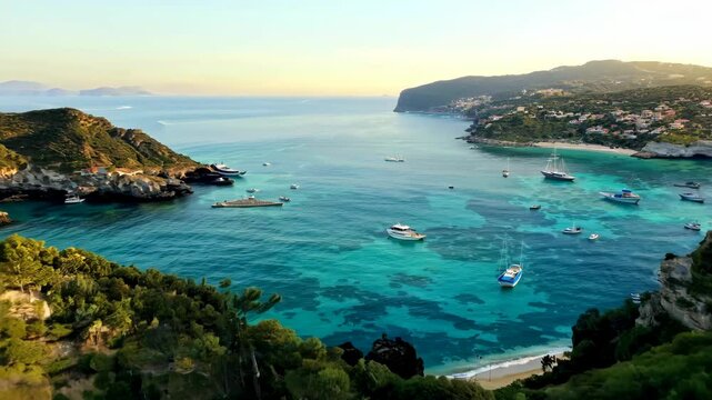 Aerial view of car cruising through stunning Mediterranean landscape with tranquil sea on a sunny summer morning.