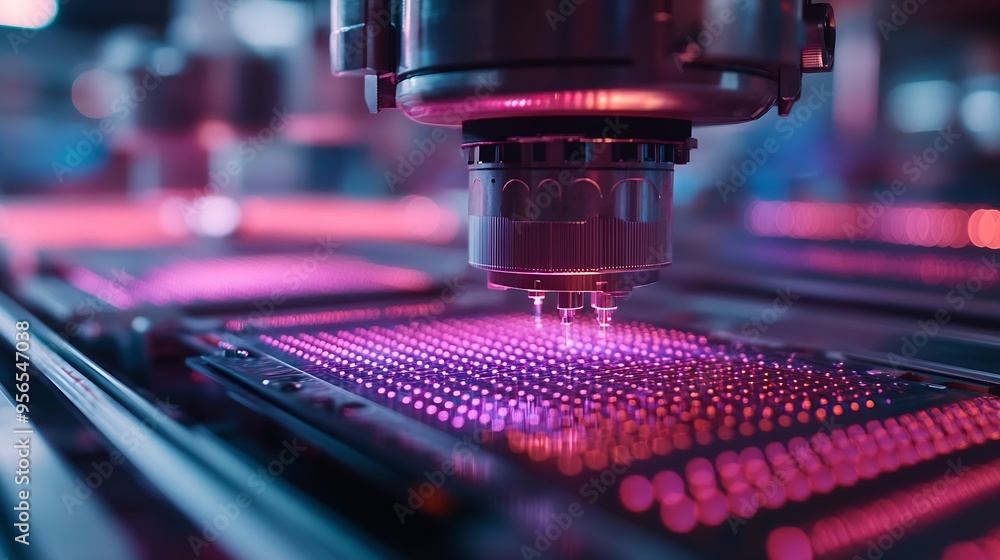 Aufkleber Microboard manufacturing PCB manufacturing equipment Autonomous soldering machine at microelectronics factory Process creating microboard closeup High tech background Microprocessors p : Generative AI