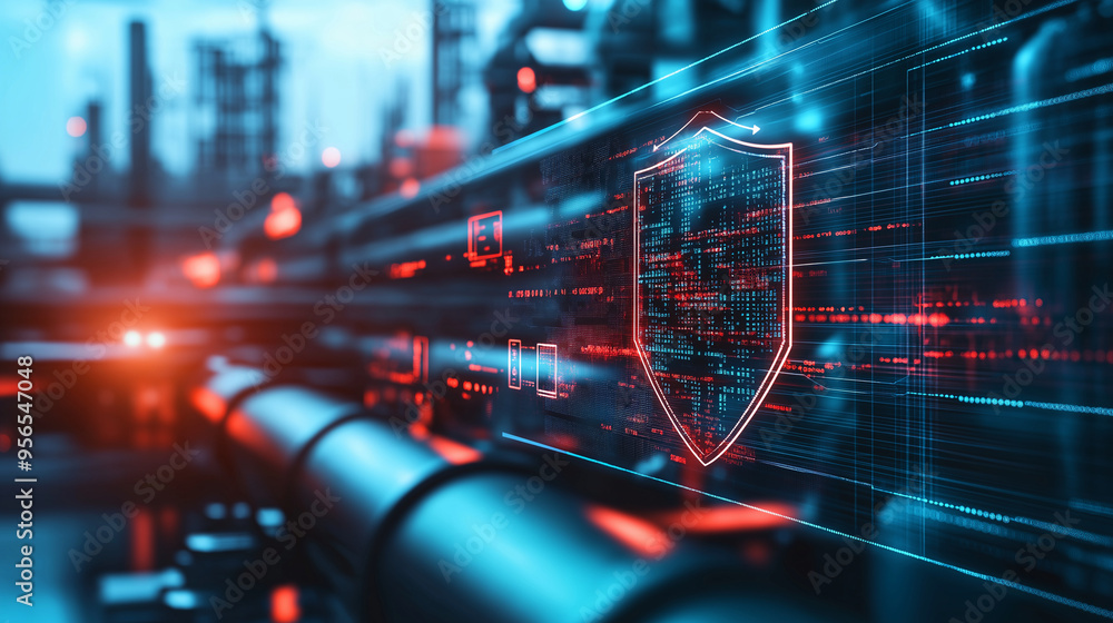 Poster a complex network of industrial pipelines overlaid with a digital shield, symbolizing the protection