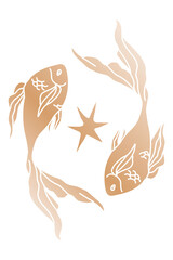 Pisces png gold clipart, doodle animal horoscope design