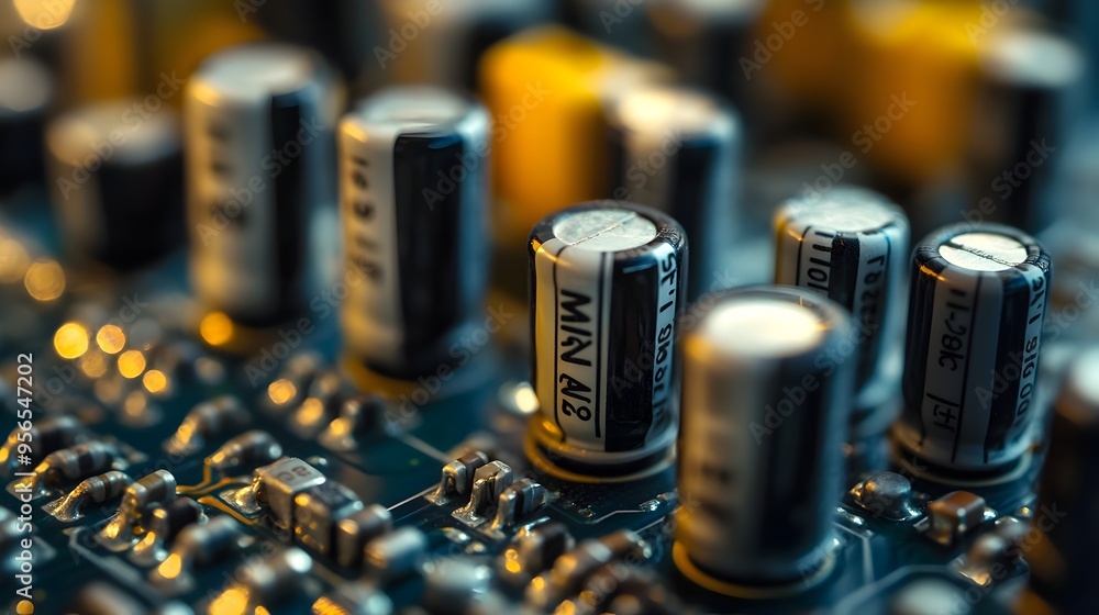 Poster detailed macro photography showcasing the intricate design and components of a circuit board includi