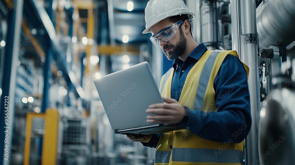 Fototapete Industrial Engineer Working at a Technology Factory Middle Aged Male Using Laptop Computer at Work Browsing Electronics Information Online Mans Back in Safety Vest Turned to Camera : Generative AI