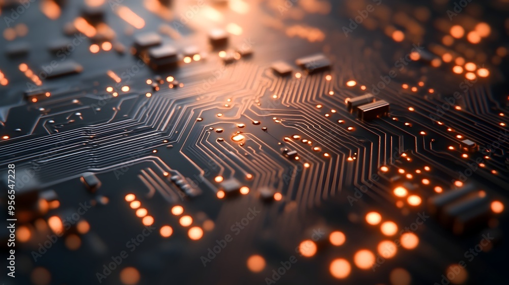 Poster closeup macro photography of a printed circuit board showcasing the intricate copper traces fine lin