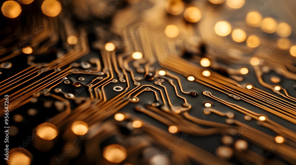 Poster intricate macro photograph of a printed circuit board with copper traces and vias showcasing the com