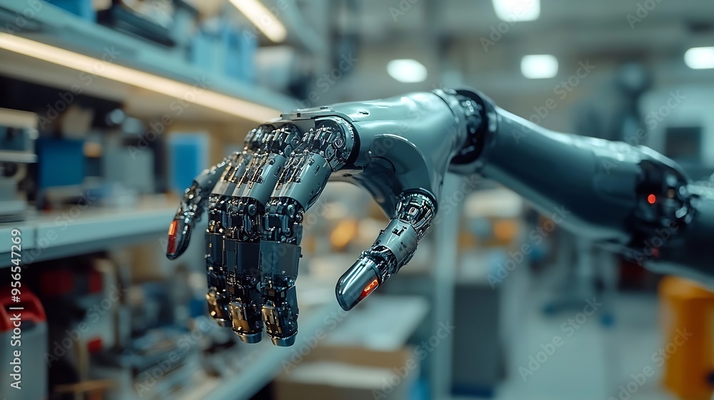 Poster Robotic maintenance engineer working on robot arm connection and monitoring control Professional technician industry 40 robotic engineering workshop in electronic futuristic manufactur : Generative AI