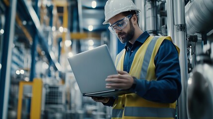 Industrial Engineer Working at a Technology Factory Middle Aged Male Using Laptop Computer at Work Browsing Electronics Information Online Mans Back in Safety Vest Turned to Camera : Generative AI