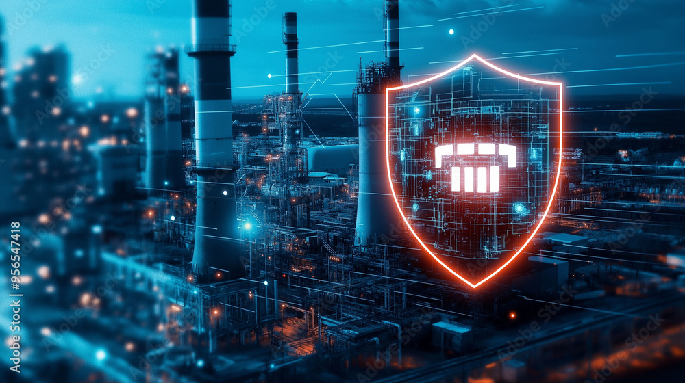 Poster a large-scale power plant with a digital shield hovering over it, symbolizing the safeguarding of cr