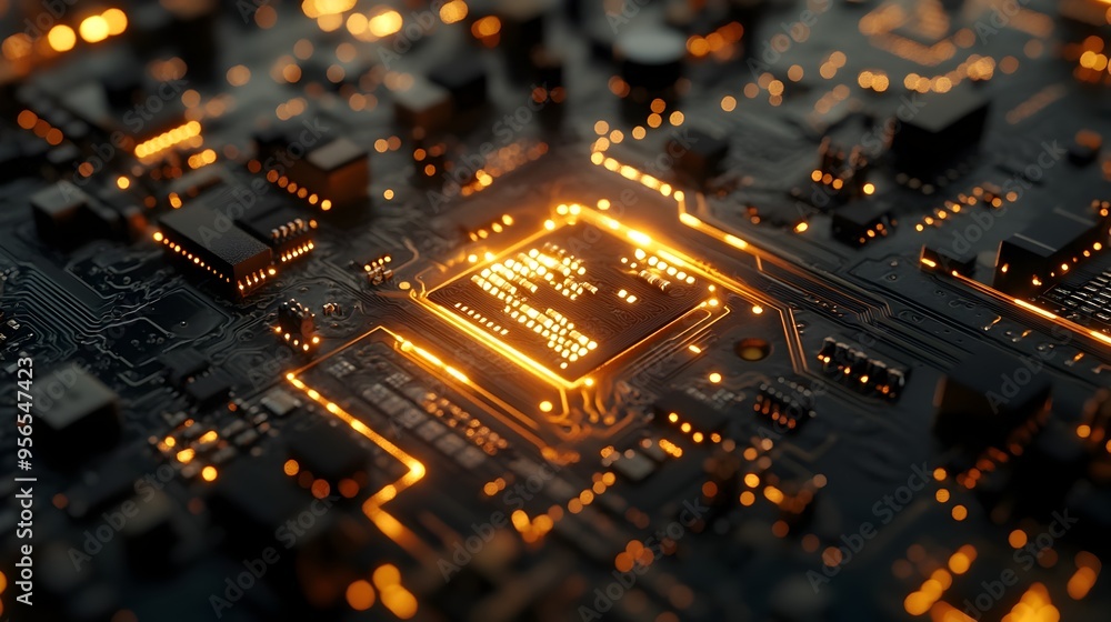 Poster macro photography of a vibrant led circuit board highlighting its intricate design and captivating t