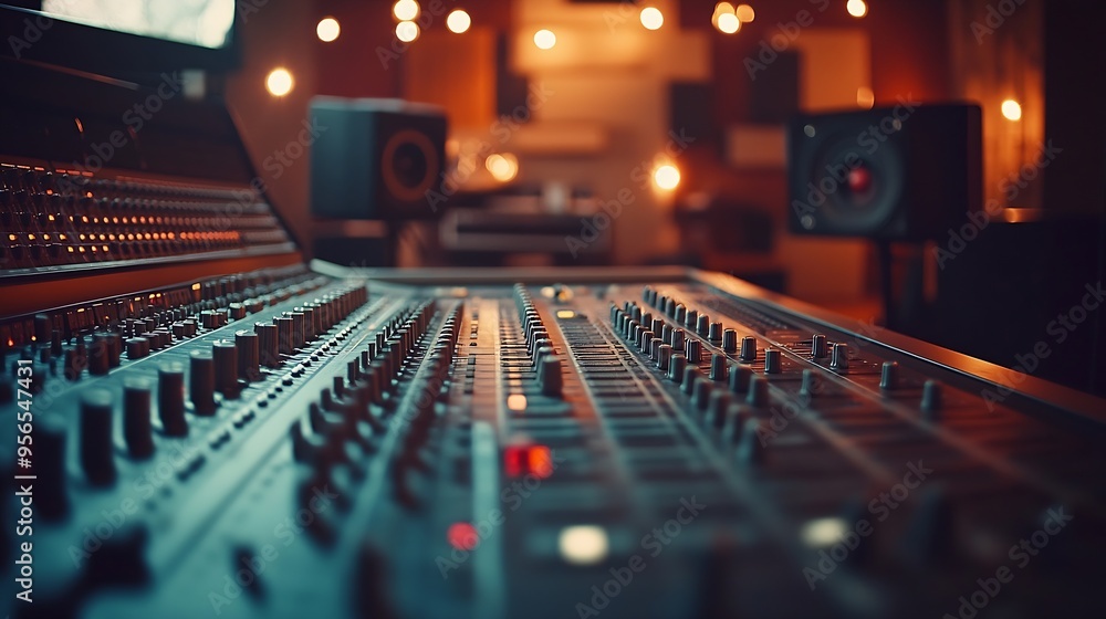 Poster empty studio at home equipped with mixing soundboard panel and other musical instruments music indus