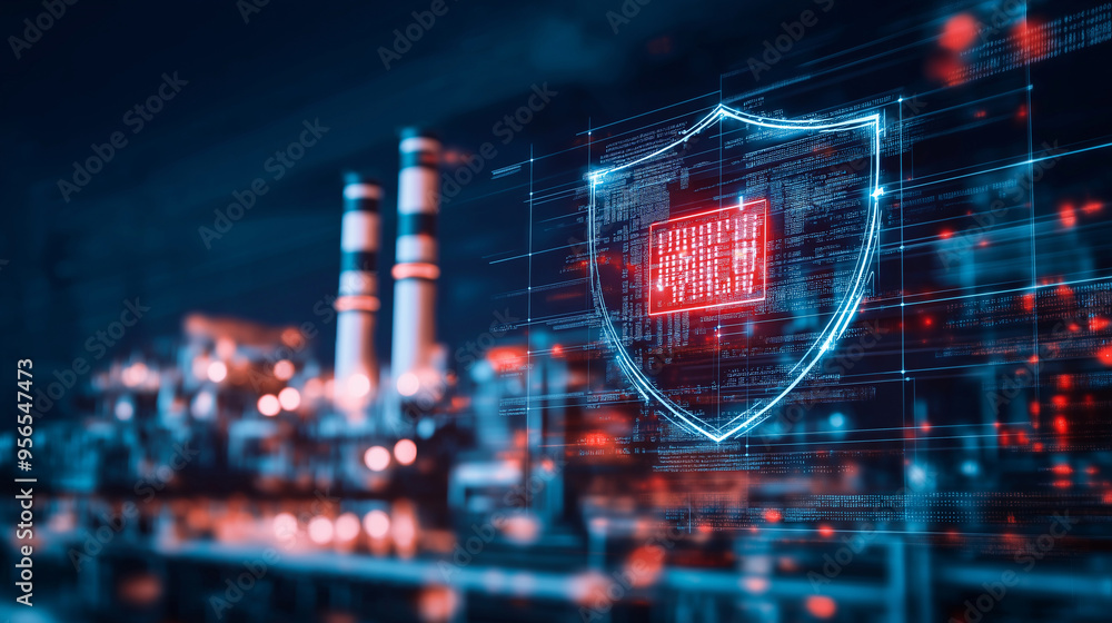 Poster a large-scale power plant with a digital shield hovering over it, symbolizing the safeguarding of cr