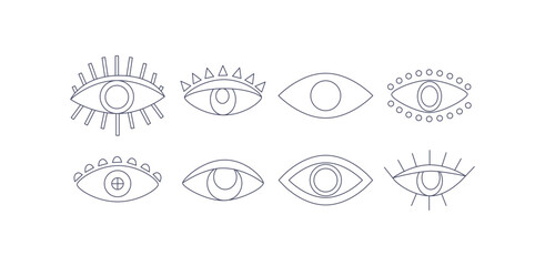 Linear mystic eyes. Bohemian magic line art. Esoteric, spititual, witchcraft. Halloween. Black and white vector.