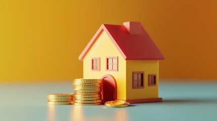 A colorful miniature house model beside stacks of gold coins on a vibrant background representing real estate investments