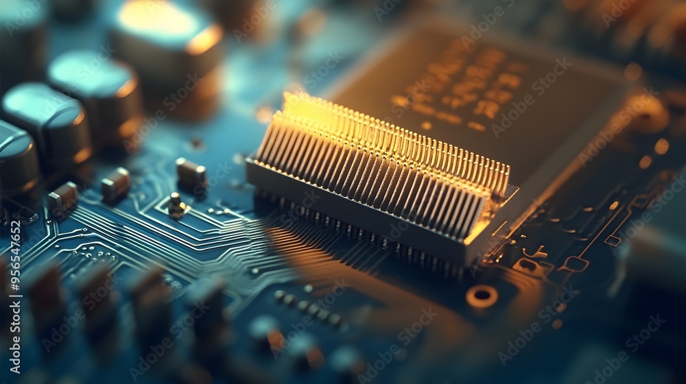 Poster macro photograph of a circuit board featuring a heat sink attached to a transistor highlighting the 