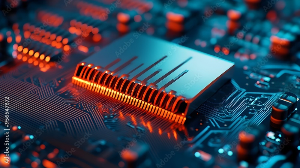 Poster detailed macro photography of a circuit board with a heat sink attached to a transistor highlighting