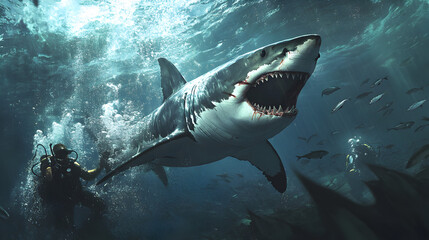 Naklejka premium A dramatic encounter between a great white shark and a diver, with the shark’s powerful body cutting through the water as the diver tries to remain calm and still, surrounded by schools of fish.