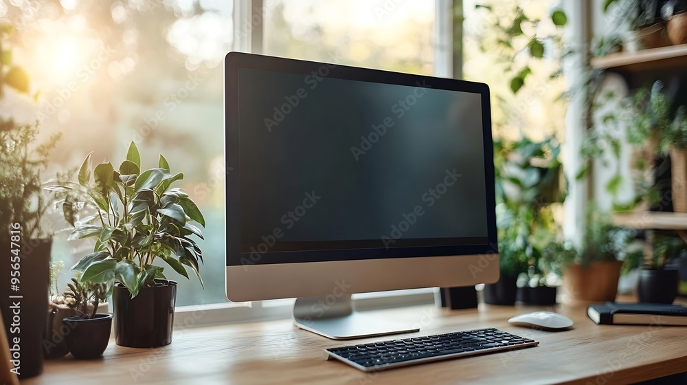 Leinwandbilder Clean workspace with computer display mockup isolated for web page promotion Window beside enhances productivity in a minimalist office setting : Generative AI